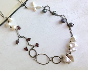 Baroque Pearl Necklace - Rustic Goth Necklace - Cross Necklace - Unique Pearl Necklace - Garnet Necklace - Oxidized Sterling Silver Necklace