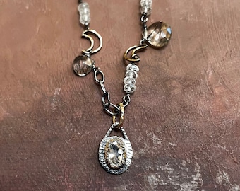 White Topaz Crescent Moon Necklace - 14kt Gold Filled Sterling Silver Bi Metal Necklace - Rutilate Quartz Necklace