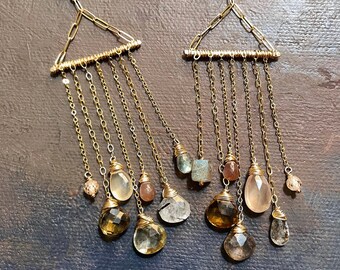 14kt Gold Filled Cascade Mixed Gemstone Earrings - Gold Lever Back Earrings - Multi Stone Drop Chandelier Earrings - Peach Brown Earrings