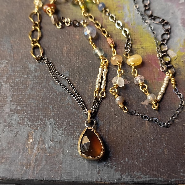 Montana Agate Bezel Necklace - Earthy Beads, Brass and Silver, Minimalist Boho