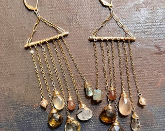 14kt Gold Filled Cascade Mixed Gemstone Earrings - Gold Lever Back Earrings - Multi Stone Drop Chandelier Earrings - Peach Brown Earrings