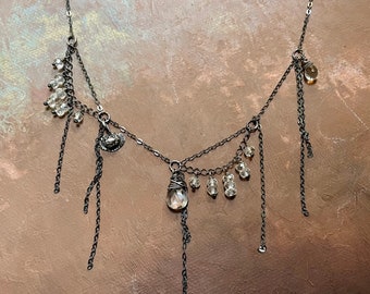 Herkimer Diamond Rock Crystal Quartz Necklace - Dainty Oxidized Sterling Silver Fringe Necklace - Minimalist Bohemian Necklace