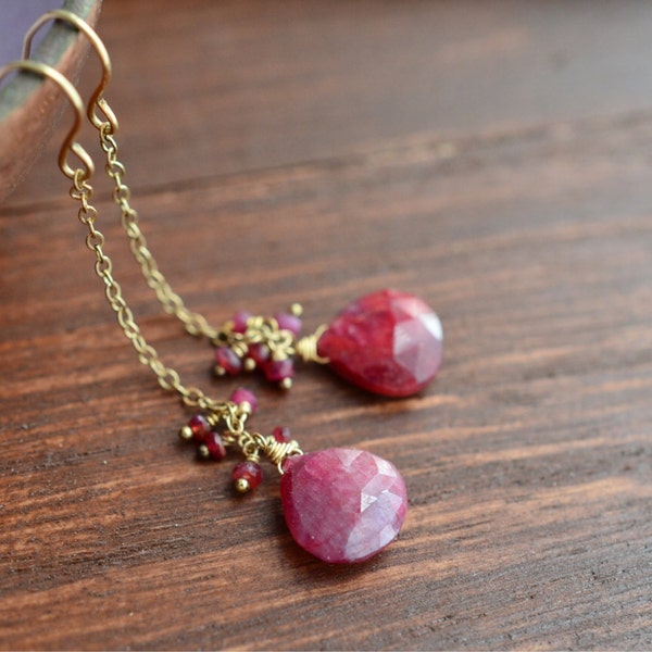 14kt Gold Ruby Earrings - Ruby Cluster Earrings - 14kt Gold Earrings - Long Romantic Earrings - Red Pink Gemstone Earrings