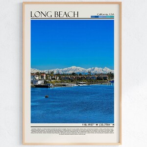 Art mural côtier de Long Beach en Californie | Poster paysage de montagnes enneigées | Décoration de voyage USA
