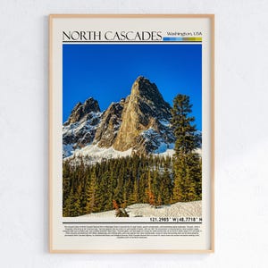 Arte de picos montañosos de North Cascades, EE. UU. / Póster de paisaje virgen de Washington / Impresión de viaje del estado de Washington / Decoración natural