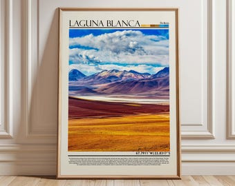 May include: Framed print depicting Laguna Blanca, Bolivia. The image showcases a vivid landscape with a blue sky, white clouds, and mountains. The foreground features golden and reddish-brown terrain. The text "LAGUNA BLANCA" is at the top of the print.