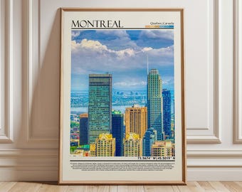 Op de afbeelding: Een ingelijste print met een levendig stadsbeeld van Montreal, Canada, onder een bewolkte blauwe lucht. De print toont gebouwen in groen, goud en blauw. Het woord "MONTREAL" staat bovenaan. Coördinaten: 73.5674°W 45.5019°N.
