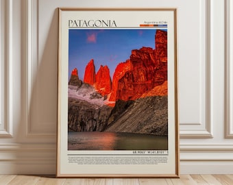Arte de picos montañosos de la Patagonia / Póster de paisaje de Torres del Paine / Impresión de viajes por Sudamérica / Decoración natural de aventuras en Sudamérica