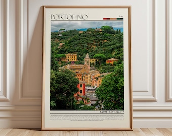 Portofino, Italia - Arte del villaggio / Poster colorato della città costiera italiana / Stampa di viaggio sulla Riviera italiana / Arredamento europeo