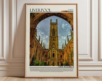May include: Framed print featuring a photograph of the Liverpool Anglican Cathedral, viewed through an archway. The image has a vintage aesthetic with the word "Liverpool" at the top. The cathedral is a tall, gothic structure with a detailed facade.
