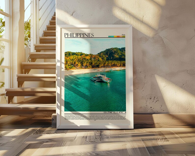 May include: White framed print featuring a tropical beach scene in the Philippines. The image shows a boat on turquoise water, a sandy beach, and lush green trees. The word "PHILIPPINES" is printed at the top, with coordinates at the bottom.
