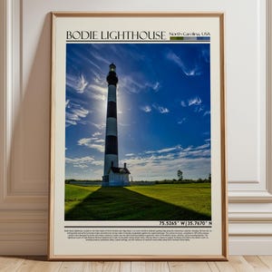 May include: Framed print featuring the Bodie Lighthouse in North Carolina, USA. The lighthouse is black and white striped, set against a bright blue sky with clouds. The print includes the text "BODIE LIGHTHOUSE" and coordinates.
