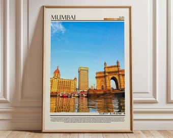 Arte de la Puerta de la India en Mumbai / Póster de paisaje urbano emblemático de la India / Lámina de viaje por Asia / Decoración del hogar en la India