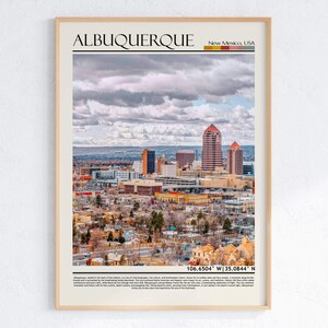 Arte mural de Albuquerque, Nuevo México, impresión de paisaje urbano del suroeste, póster icónico del horizonte de Albuquerque