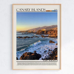 Arte de las Islas Canarias, España / Costa del Océano Atlántico / Impresión de paisaje de playa y pueblo canario / Decoración de viaje europea / Regalo de vacaciones