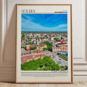 Reisposter Europees stadsgezicht van Servië |  Iconisch Servië-Balkanlandschap muurkunst print| Woondecoratie Europa