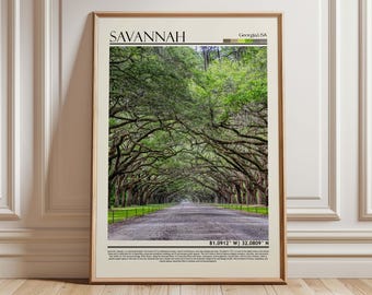 May include: A framed print depicting a tree-lined road in Savannah, Georgia, USA. The print features the word "SAVANNAH" at the top, with "Georgia USA" below it. The bottom of the print includes coordinates and text.