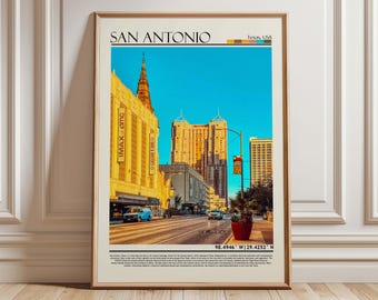 Impresión de arte mural de San Antonio, póster del centro de Texas, decoración de viaje de San Antonio, paisaje urbano moderno y colorido, obra de arte emblemática de Texas