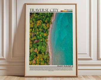 Traverse City Aerial Art Print, Michigan Lakes Coastline (Digital Download)