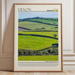 Könnte beinhalten: Gerahmter Druck mit einer Landschaft aus Devon, England. Das Bild zeigt grüne Hügel, Felder mit Schafen und einen blauen Himmel. Der Druck trägt oben die Aufschrift "Devon" und enthält unten Koordinaten.