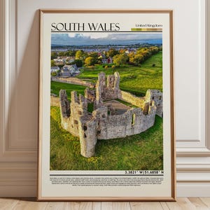 Impresión de arte mural del castillo de Gales del Sur, decoración de paisajes históricos del Reino Unido, póster de ruinas de un castillo galés, fotografía de viajes por el Reino Unido, regalo para el hogar en el Reino Unido