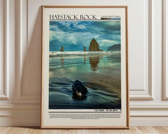May include: Framed print of Haystack Rock at Cannon Beach, Oregon. The image shows the iconic rock formation in the ocean under a cloudy sky. The beach and water reflect the sky's colors, with the text "Haystack Rock" at the top.