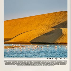 May include: A scenic photograph of a desert landscape featuring towering golden sand dunes and a body of water with numerous flamingos. The sky is a clear blue. The image includes the coordinates 18.4904&deg; E 22.9576&deg; S.