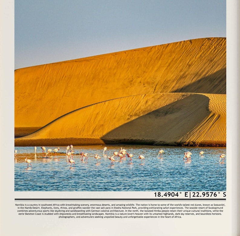 May include: A scenic photograph of a desert landscape featuring towering golden sand dunes and a body of water with numerous flamingos. The sky is a clear blue. The image includes the coordinates 18.4904&deg; E 22.9576&deg; S.