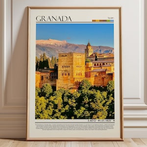 Granada Spain Alhambra Travel Poster | Sierra Nevada Mountain Art Print | Andalucia Historic Wall Decor | Spain Travel Gift