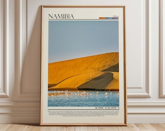 Puede incluir: Impresión artística enmarcada que representa un paisaje de Namibia. La imagen muestra dunas de arena dorada, una masa de agua con flamencos rosas y un cielo azul claro. La palabra "NAMIBIA" está impresa en la parte superior.