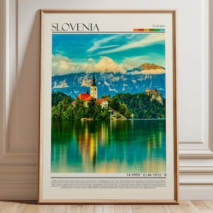 Lake Bled Slovenia Travel Poster, Iconic Church Island Art Print, Alpine Landscape Wall Decor, European Lake Gift, Fairytale Castle View