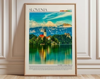 Bleder See Slowenien Reiseplakat, kultige Kircheninsel Kunstdruck, Alpenlandschaft Wanddekor, Europäischer See Geschenk, Märchenschlossblick