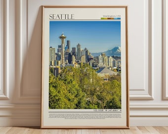 Seattle Skyline Print | Space Needle| Mount Rainier Washington Art