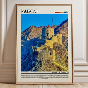 Muscat Oman Fort Al-Jalali Art | Muscat Historic Castle & Mountain Poster | Middle East Travel Print | Arabian Home Decor