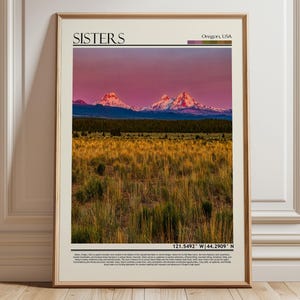 Sztuka Sióstr Oregon | Plakat Gór Kaskadowych | Dekoracja ścienna Three Sisters Peaks Country