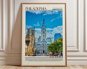 Plakat podróżniczy z ratuszem w Filadelfii | Wydruk artystyczny z zabytkiem Pensylwanii | Dekoracja ścienna USA Urban | Prezent z USA