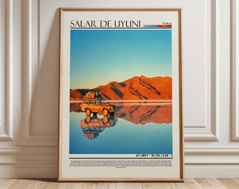 May include: Framed travel poster featuring Salar de Uyuni, Bolivia. A yellow SUV is reflected in the water, with mountains in the background. The poster has a vintage aesthetic, with the text "SALAR DE UYUNI" at the top.