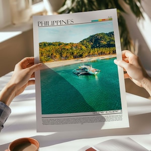 May include: A poster featuring a vibrant beach scene in the Philippines. The image showcases a turquoise sea, a white sandy beach, and lush green trees. The poster includes the word "PHILIPPINES" at the top and coordinates at the bottom.