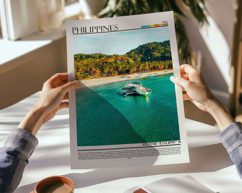 May include: A poster featuring a vibrant beach scene in the Philippines. The image showcases a turquoise sea, a white sandy beach, and lush green trees. The poster includes the word "PHILIPPINES" at the top and coordinates at the bottom.