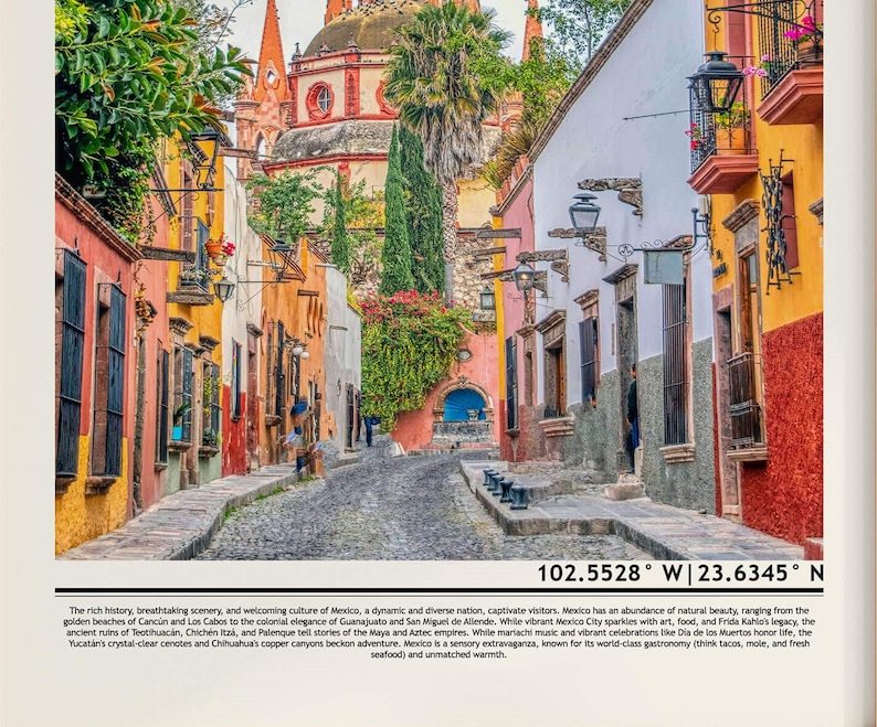 May include: A colorful street scene in Mexico with vibrant buildings, cobblestone streets, and lush greenery. The street is lined with colorful buildings, some with balconies and ornate details. The street is narrow and winding, and there are people walking along it. The scene is bathed in warm sunlight.
