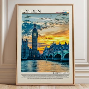 London Wall Art Print, Iconic UK Travel Poster, Thames River Wall Art, England Cityscape Decor, British Landmark Gift, Vibrant Sky Art