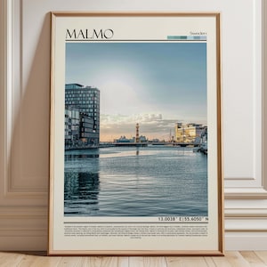 May include: A framed print featuring a scenic view of Malmo, Sweden, with the city's name at the top. The image showcases a body of water with buildings and a lighthouse in the background, under a bright sky. Coordinates are displayed at the bottom.
