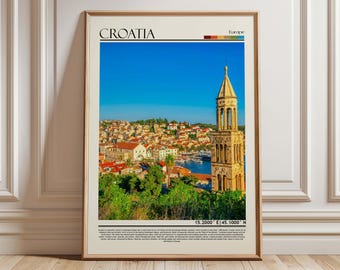 Croatia Coastal Town Art | Adriatic Sea & Historic Bell Tower Poster | European Travel Print | Mediterranean Decor