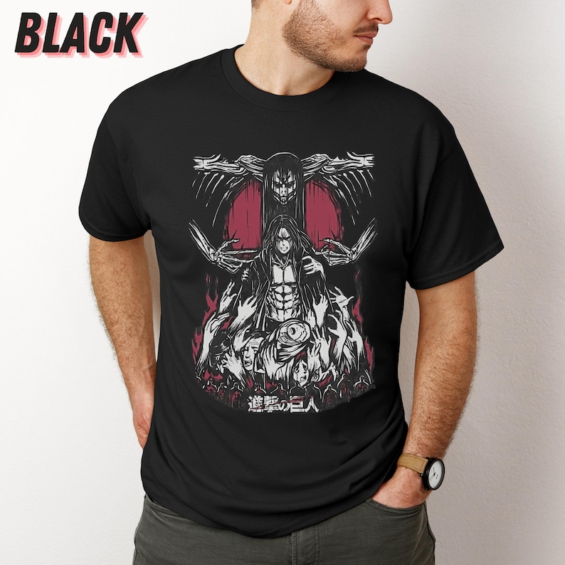 May include: Black t-shirt with a graphic print of a character from the anime Attack on Titan. The character is standing in front of a red background with a skeletal figure behind them. The text "進撃の巨人" is printed on the bottom of the shirt.