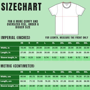Peut inclure: Tableau des tailles pour un t-shirt avec des mesures en pouces et en centim&egrave;tres. Le tableau indique la largeur, la longueur et la longueur des manches pour les tailles XS &agrave; 5XL.