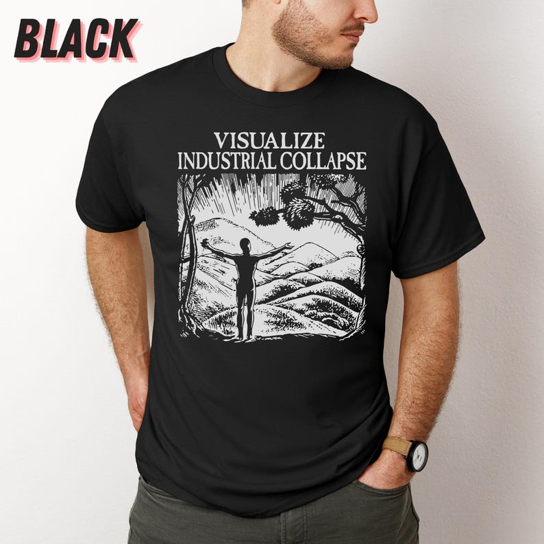 Peut inclure: T-shirt noir avec un motif blanc repr&eacute;sentant une personne debout dans un paysage montagneux, les bras tendus. Le texte "Visualize Industrial Collapse" est imprim&eacute; au-dessus du motif.