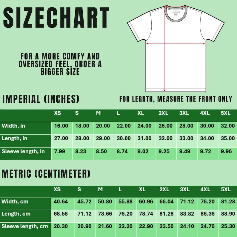 May include: Size chart for a t-shirt with measurements in inches and centimeters. The chart shows the width, length, and sleeve length for sizes XS to 5XL.