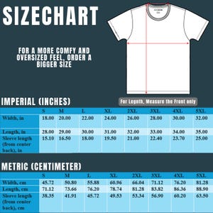 May include: Size chart for a t-shirt with measurements in inches and centimeters. The chart shows the width, length, and sleeve length for sizes S through 5XL.