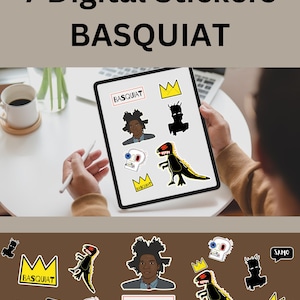 May include: Seven digital stickers featuring artwork by Jean-Michel Basquiat. The stickers include a portrait of Basquiat, a skull with a crown, a dinosaur, a crown, and a silhouette of a person. The stickers are on a brown background.