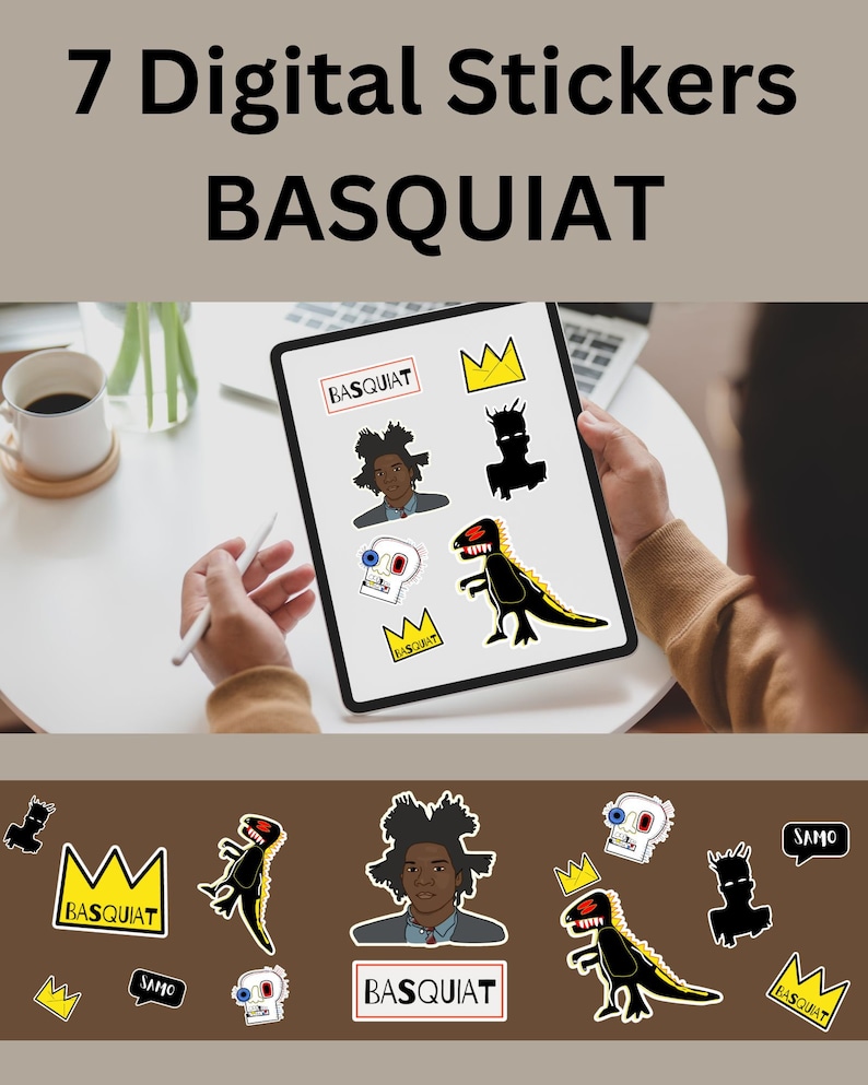 Puede incluir: Siete pegatinas digitales con obras de arte de Jean-Michel Basquiat. Las pegatinas incluyen un retrato de Basquiat, una calavera con una corona, un dinosaurio, una corona y una silueta de una persona. Las pegatinas est&aacute;n sobre un fondo marr&oacute;n.